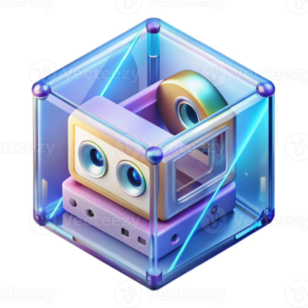 Render Retro Cassette Tape and Reel in Glass Cube Illustration png