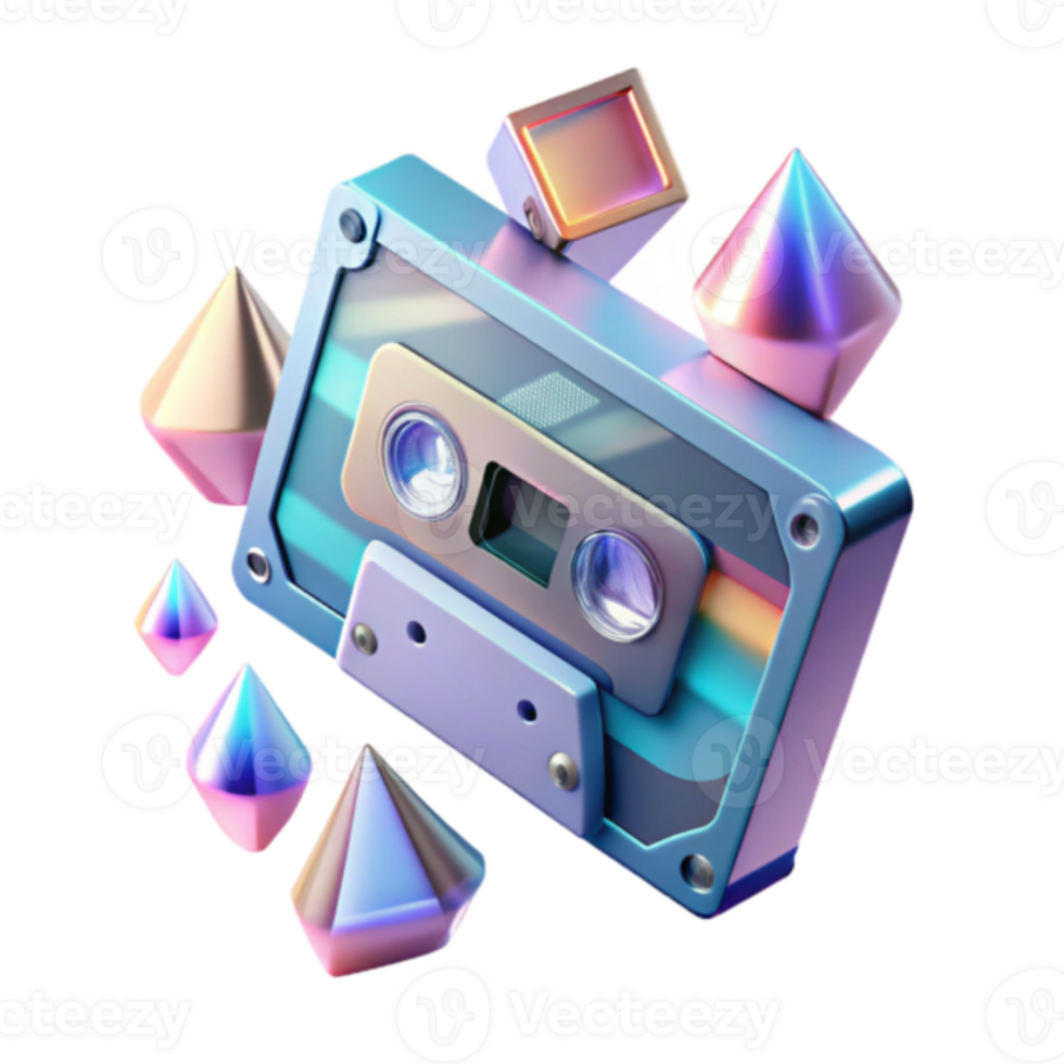 Retro Cassette Tape Render with Colorful Geometric Crystals png