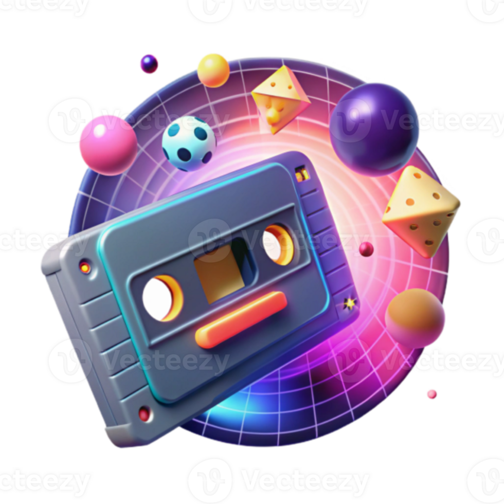 Retro Cassette Tape Illustration with Neon Grid and Abstract Shapes png