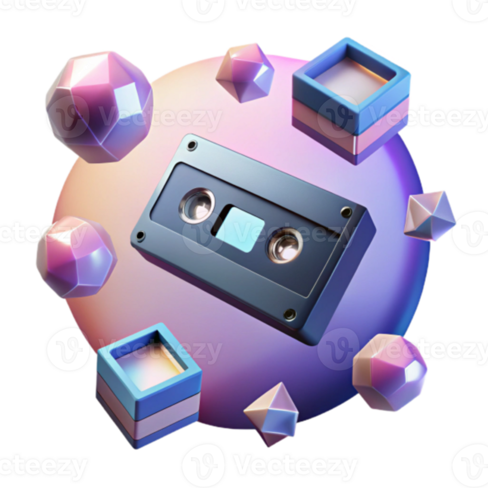 retro cassete fita render com geométrico formas abstrato fundo ilustração png