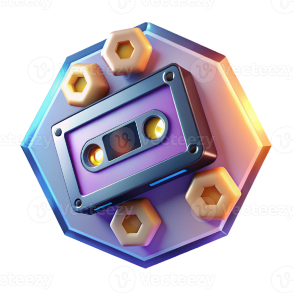 Vibrant Render of Retro Cassette Tape Icon Surrounded by Hexagons png