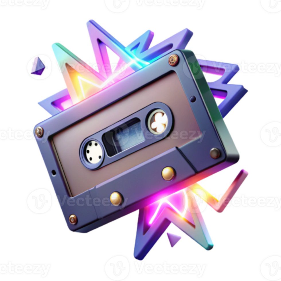 Retro Cassette Tape Illustration with Neon Lights and Geometric Shapes png
