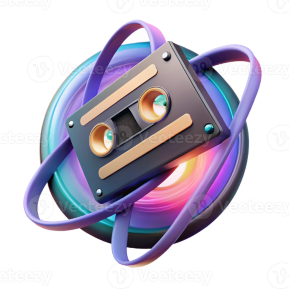 Retro Cassette Tape Illustration Orbiting Neon Light Abstract Background png
