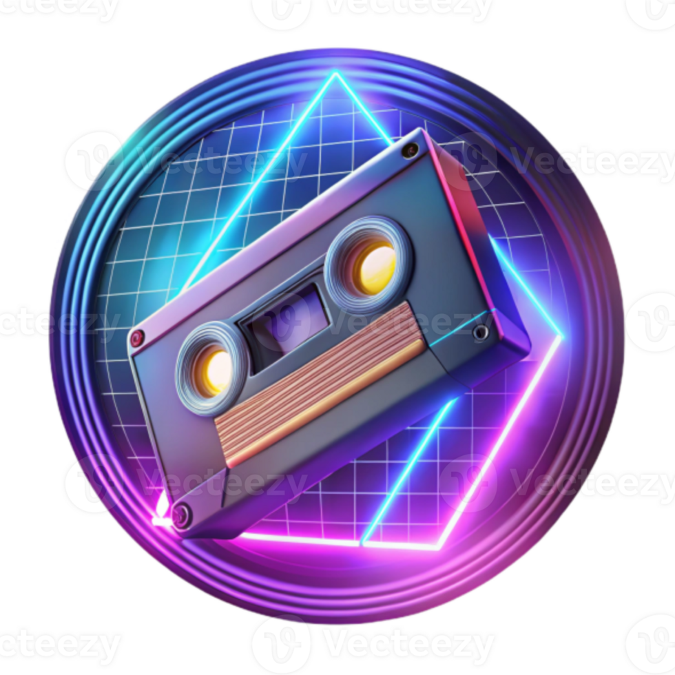Retro Cassette Tape Render Neon Synthwave Background Illustration png