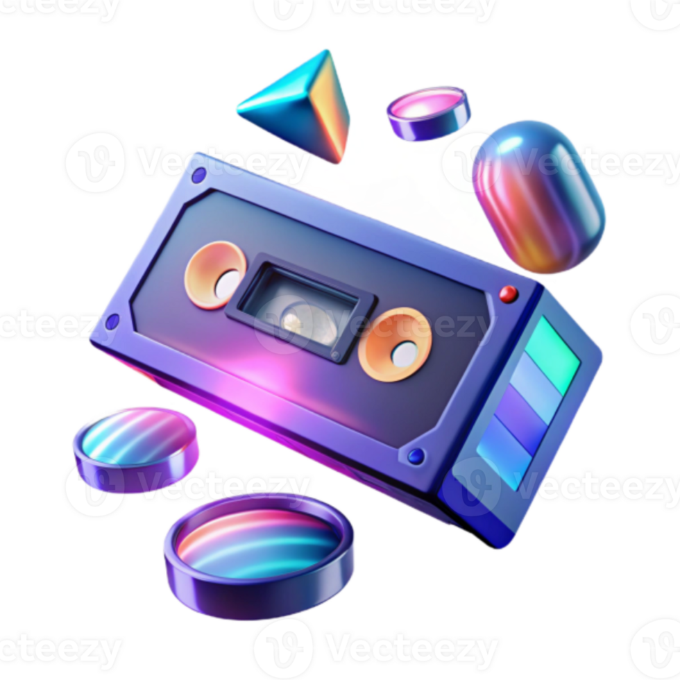 Vibrant Render of Cassette Tape with Geometric Shapes png