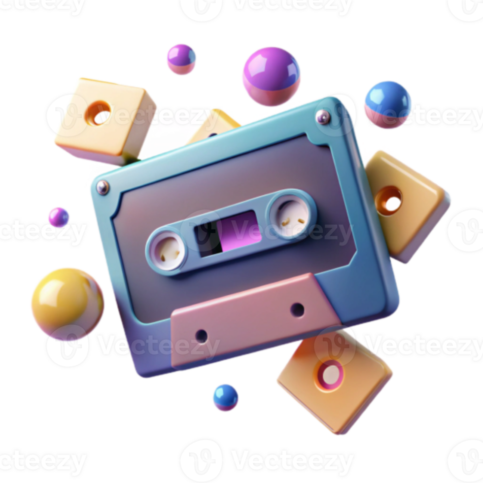 Render of Retro Cassette Tape with Colorful Spheres and Cubes png