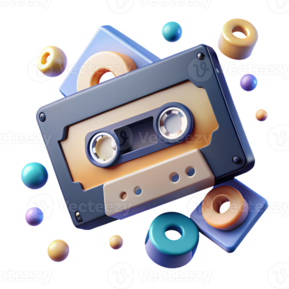 Render of Retro Cassette Tape with Colorful Abstract Elements png
