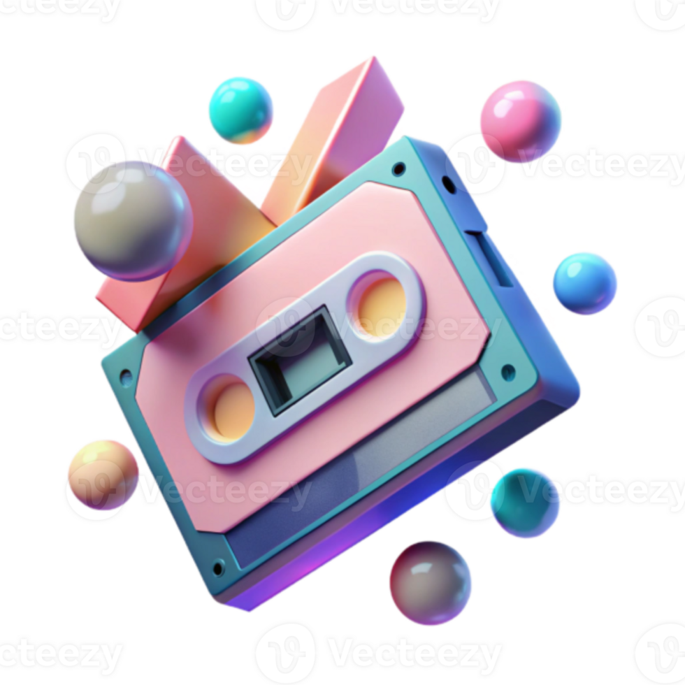 Retro Cassette Tape Render with Colorful Spheres png