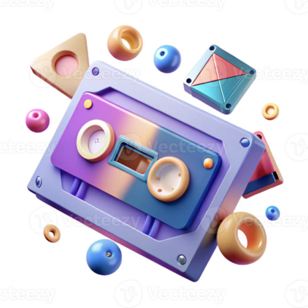 Retro Cassette Tape Render with Colorful Geometric Shapes png