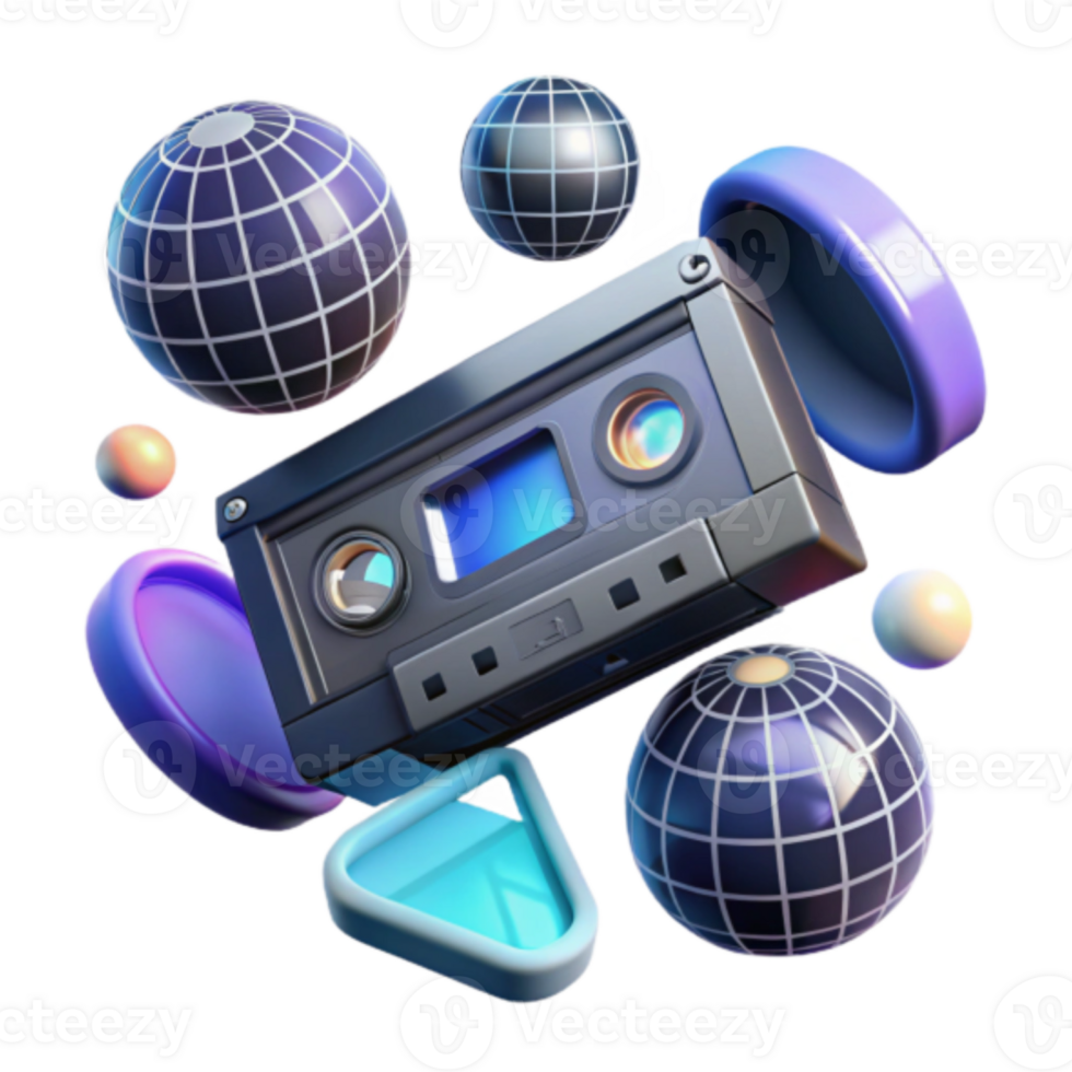 Retro Cassette Tape Illustration with Geometric Globes and Abstract Shapes png