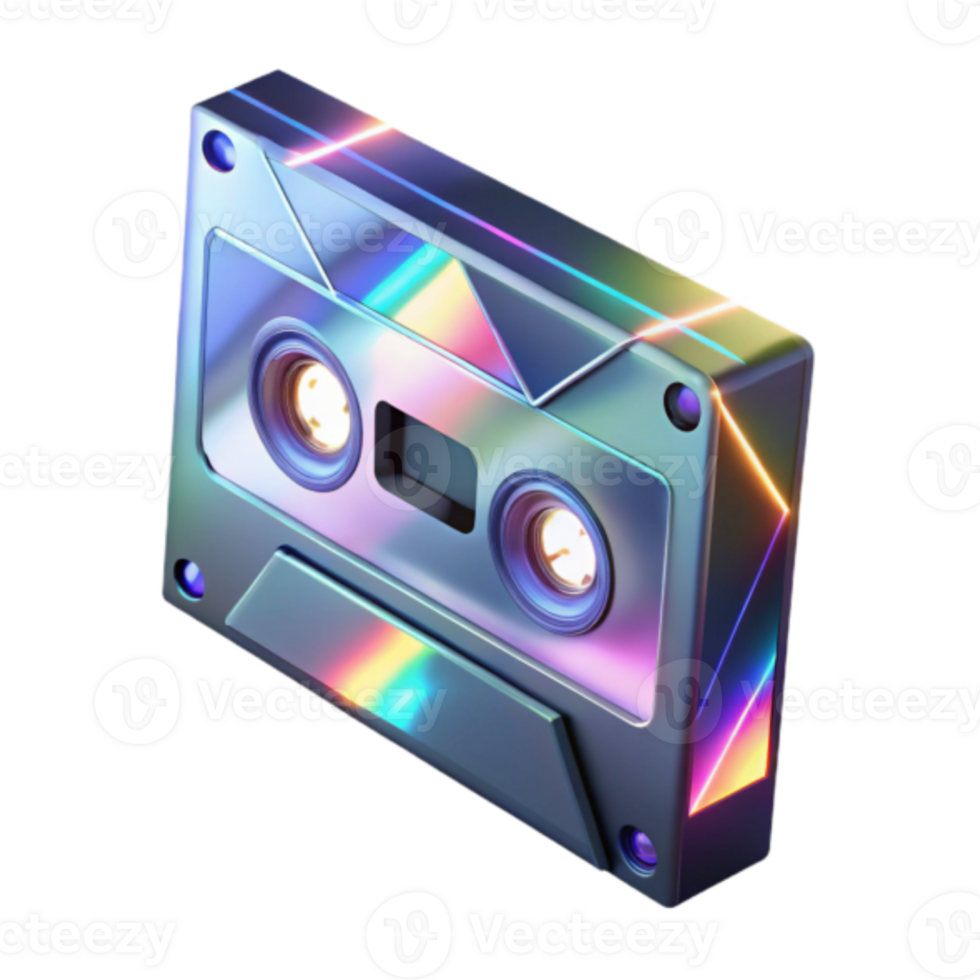 Retro Cassette Tape Render, Iridescent Rainbow Hues, 80s Nostalgia, Synthwave Aesthetic, Digital Art, Cyberpunk Vibe, Modern Technology, Vintage Media, Music Technology, Audiovisual png