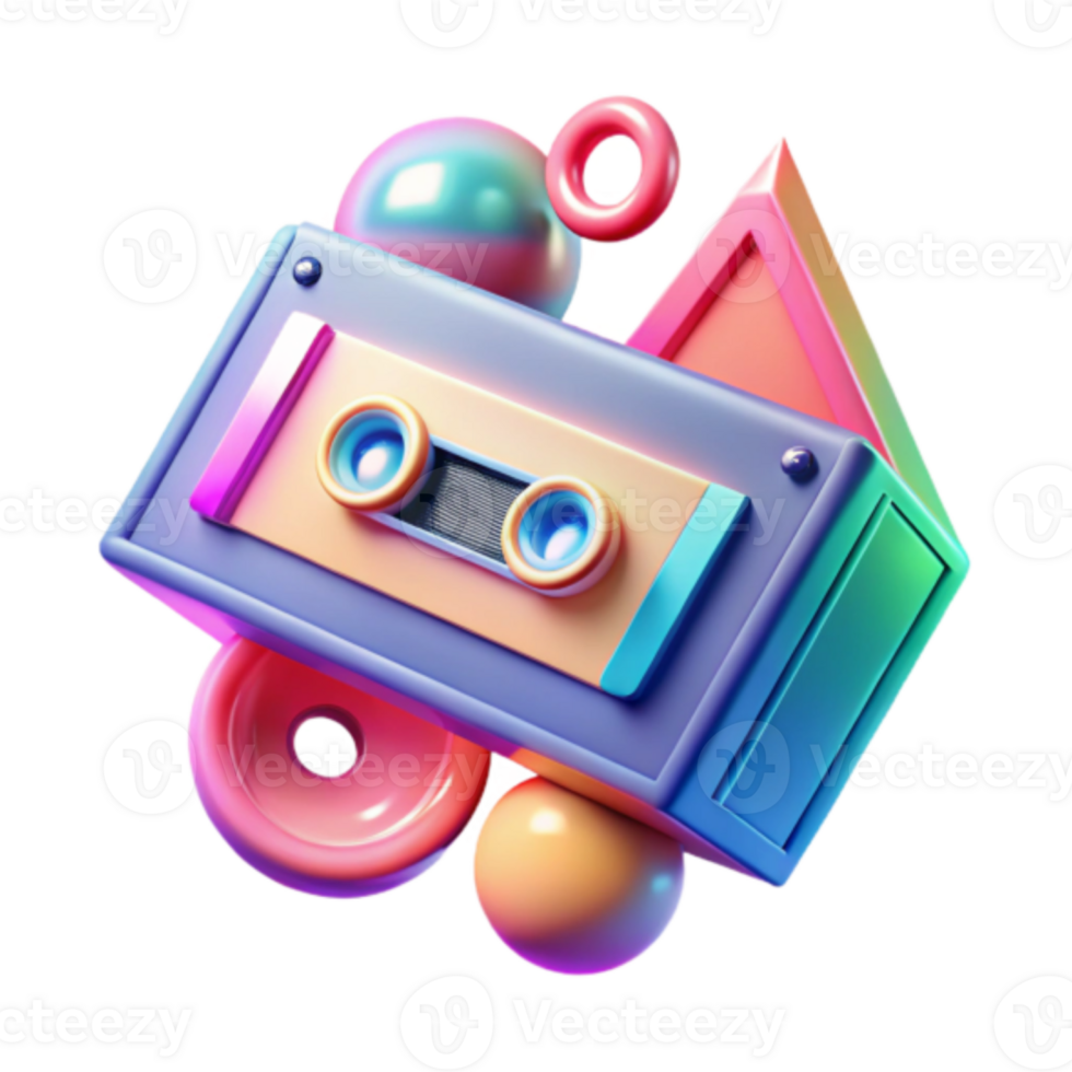 Vibrant Render of Retro Cassette Tape with Geometric Shapes png