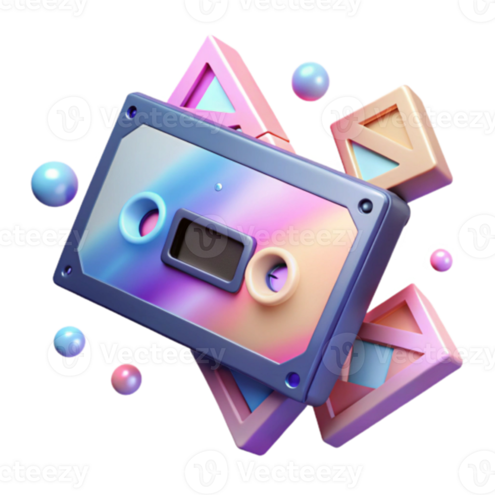 Retro Cassette Tape Illustration with Pastel Geometric Shapes png
