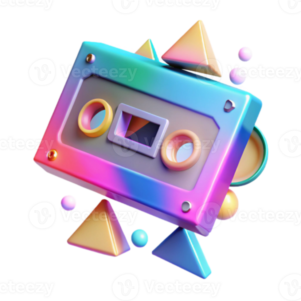 Vibrant Retro Cassette Tape Illustration with Geometric Shapes png