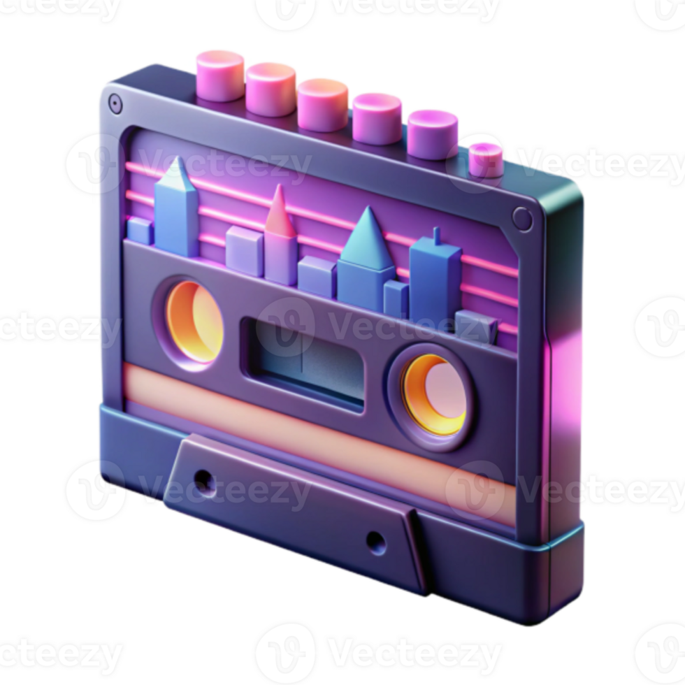 Retro Cassette Tape Illustration Neon Cityscape Design png