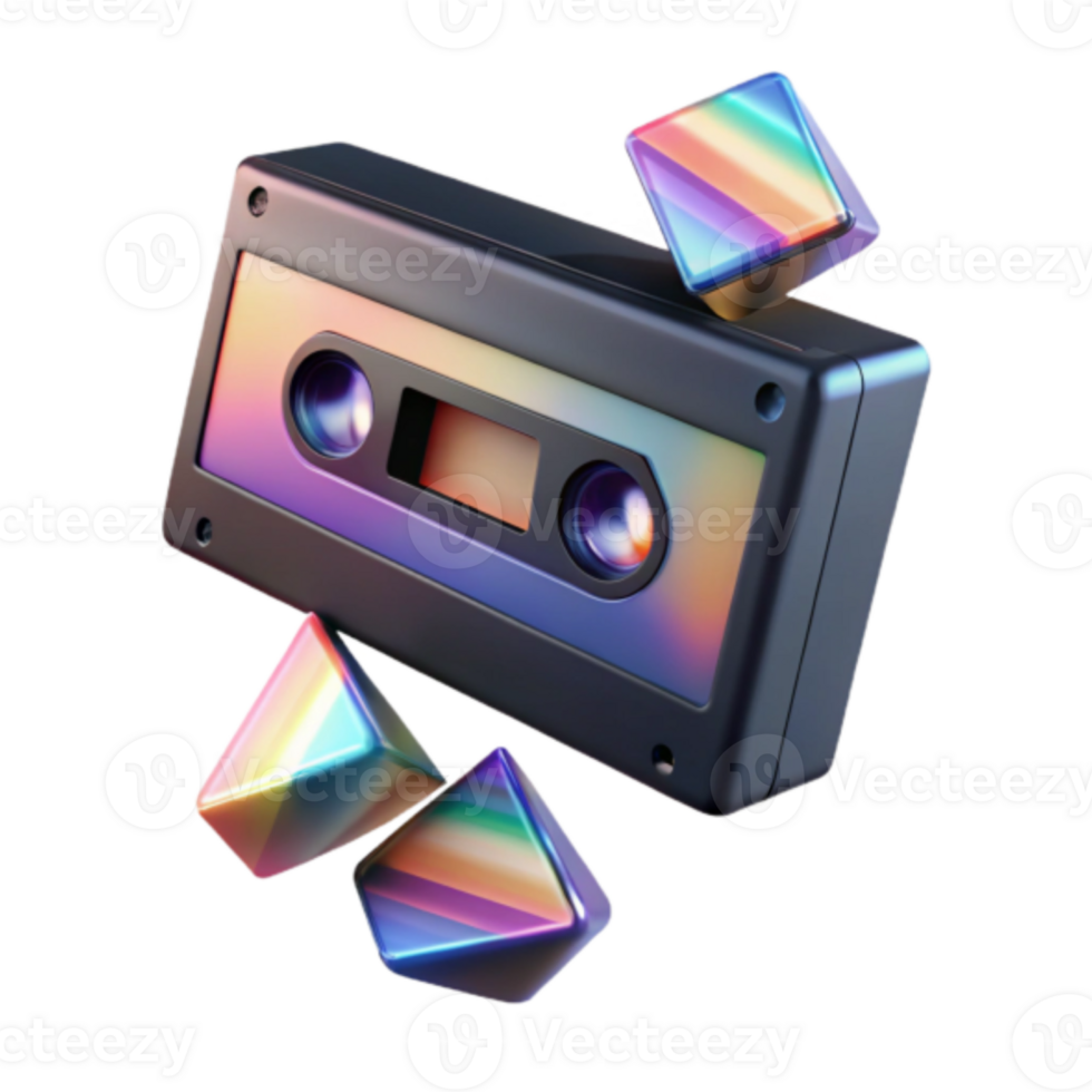 Retro Cassette Tape Render with Holographic Prisms png