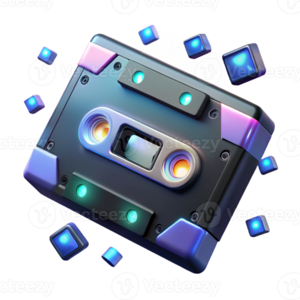 Retro Cassette Tape Illustration Neon Glowing Cubes Background png