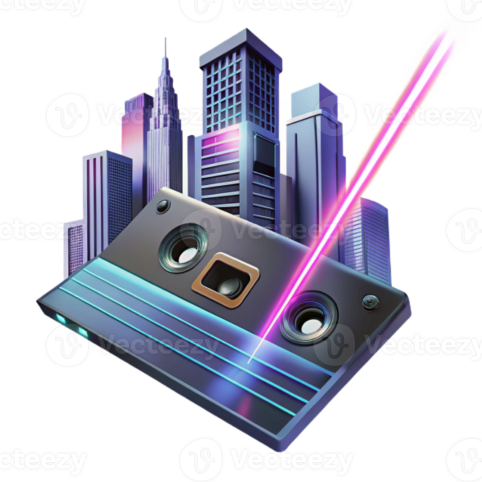 Retro Cassette Tape Illustration with Futuristic Cityscape Background png