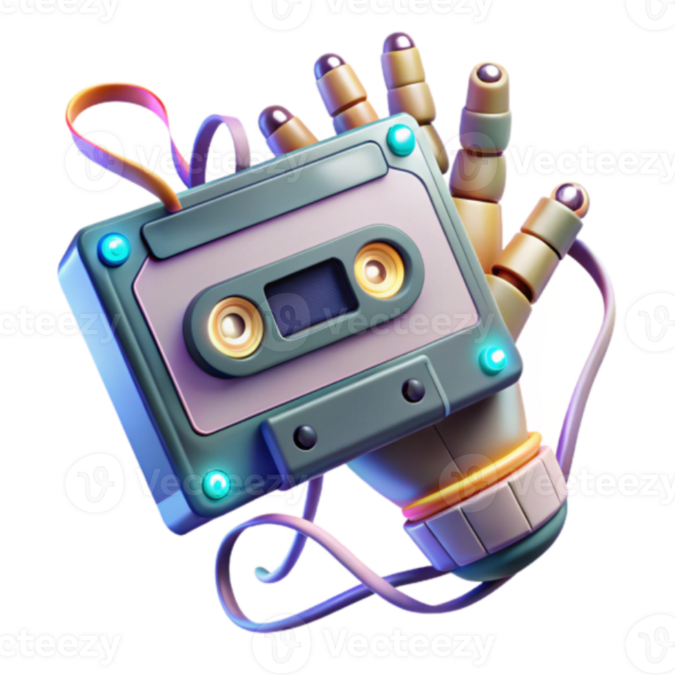 Retro Cassette Tape Illustration A Nostalgic Robotic Hand Holding Vintage Audio png