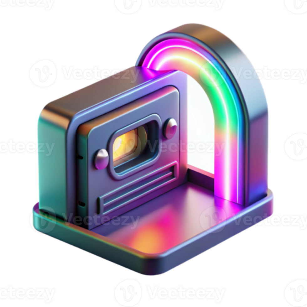 Cyberpunk Retro Render of a Futuristic Camera with Neon Rainbow Arch png