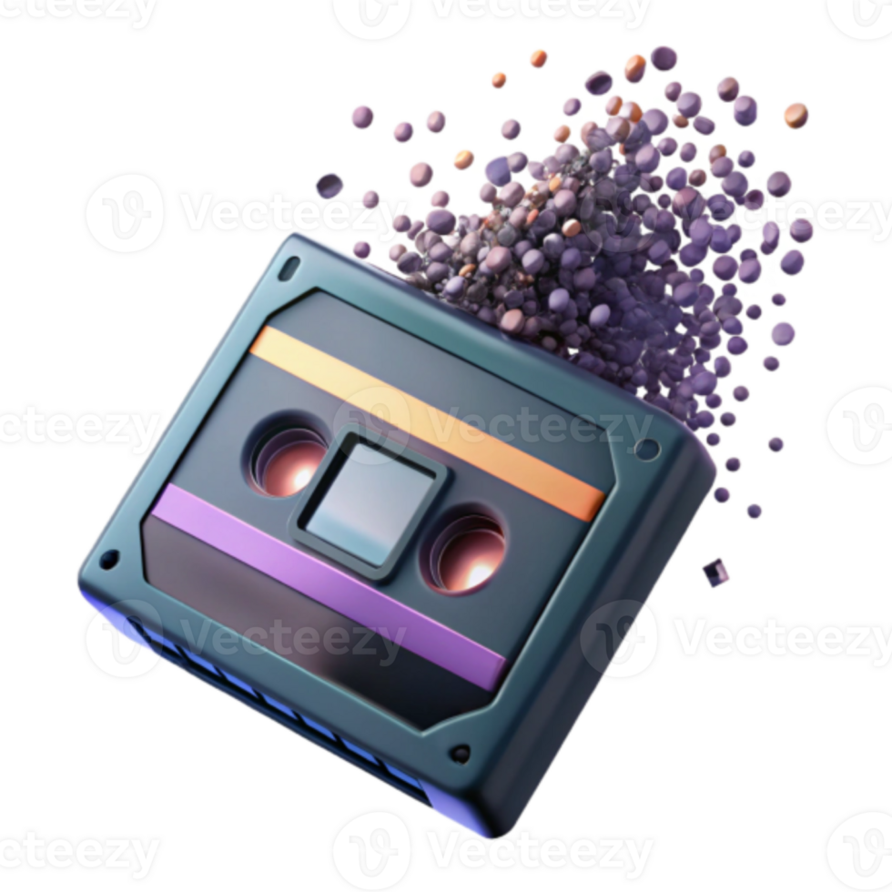 Retro Cassette Tape Render, Exploding Pixel Particles Abstract Background png