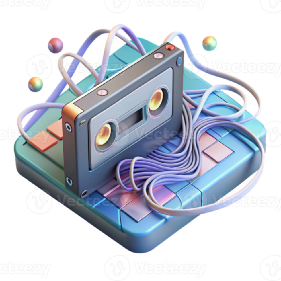 Retro Cassette Tape Illustration on a Synth Keyboard png