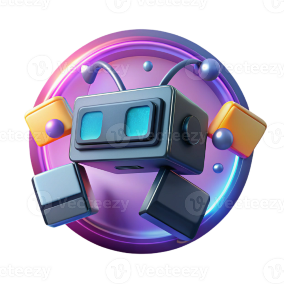 Render of a Cute Robot Illustration in a Neon Circle Background png