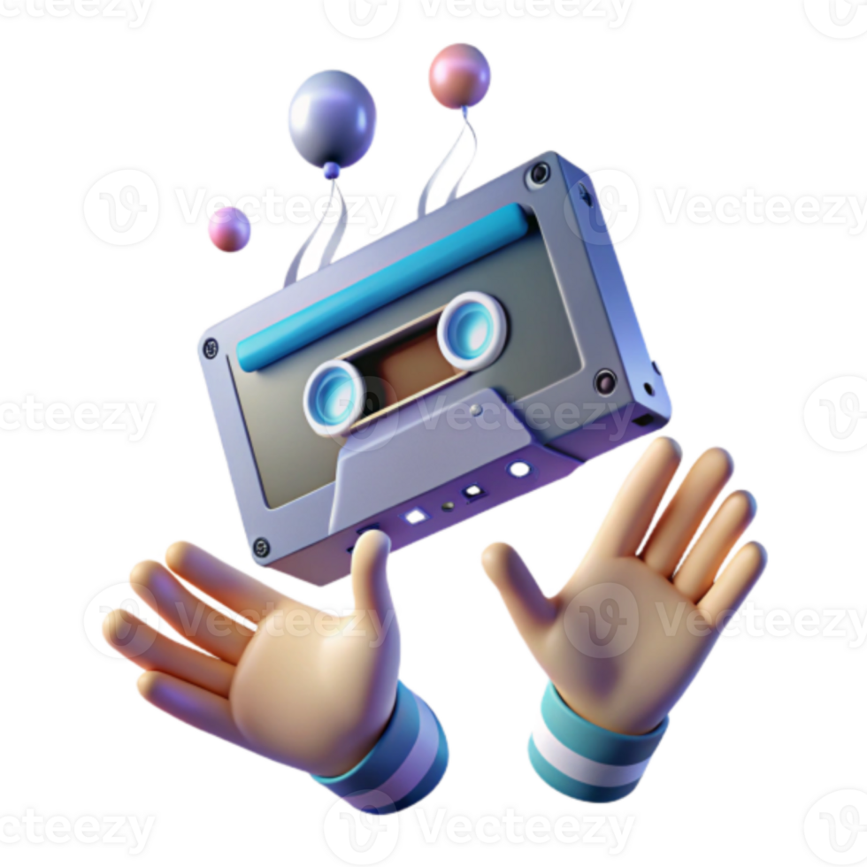 Illustration Retro Cassette Tape with Balloons and Hands png