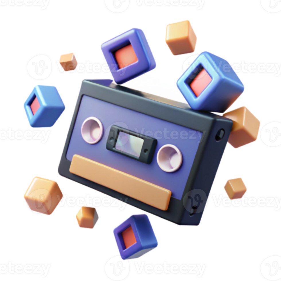 Retro Cassette Tape Render Surrounded by Colorful Cubes png