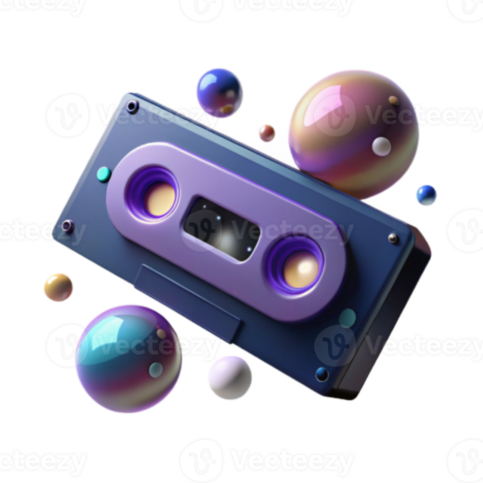 Render of Retro Cassette Tape with Colorful Spheres png