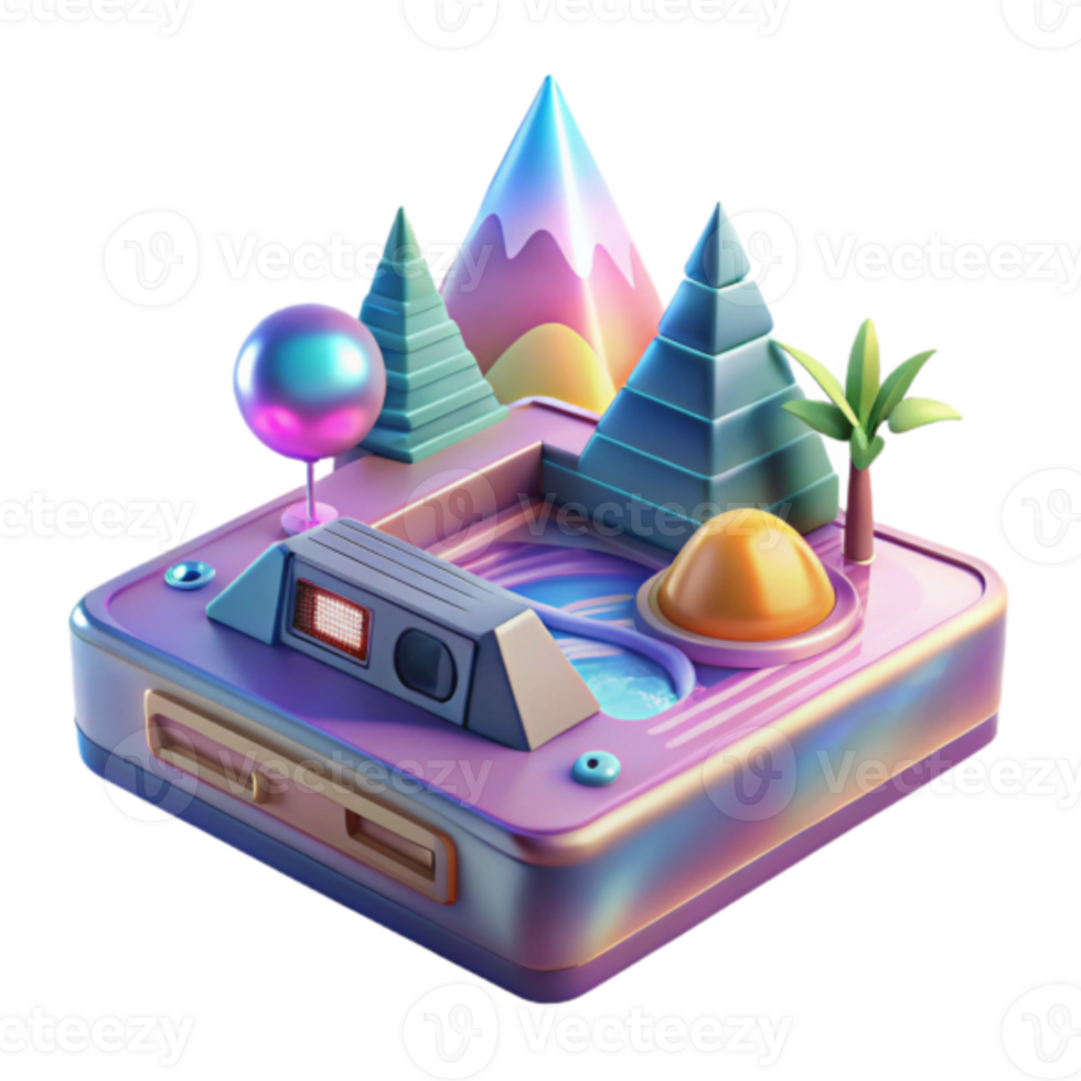 Render of a Retro Device with Miniature Landscape Illustration png