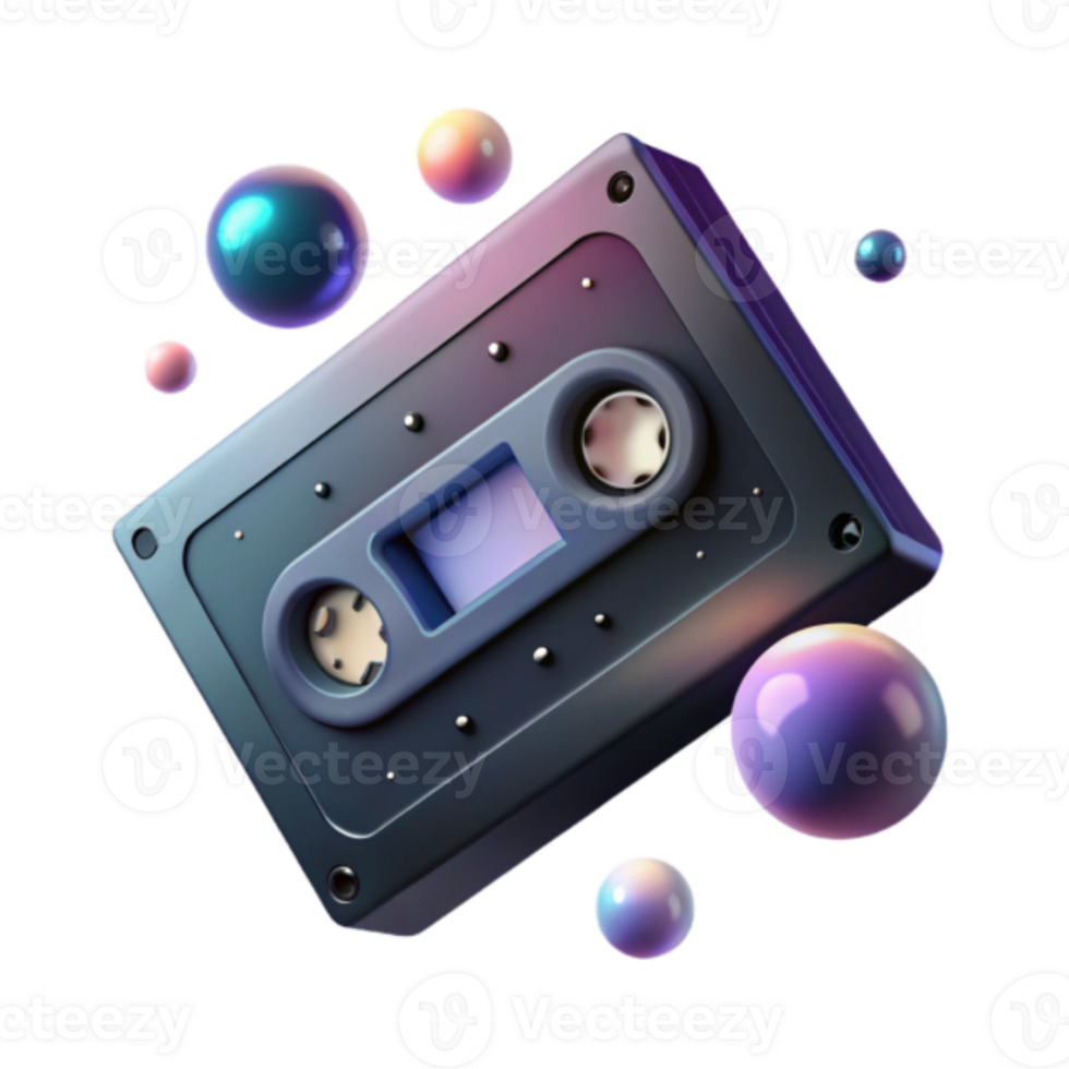Retro Cassette Tape Illustration with Colorful Spheres png
