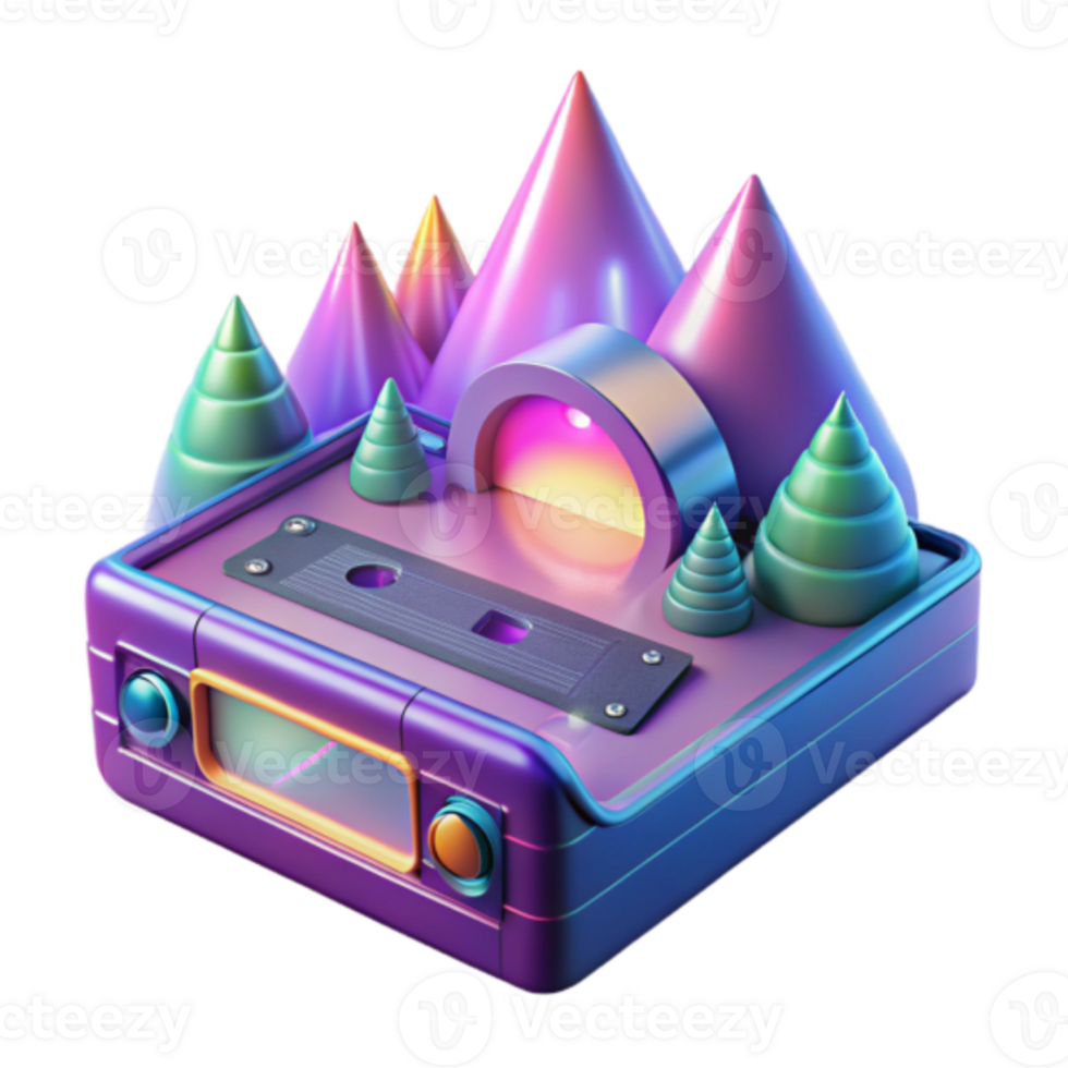 Retro Cassette Player Render with Abstract Mountain Landscape Illustration png