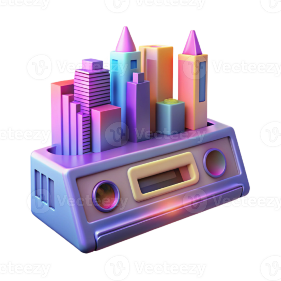 Render Cityscape on Retro Cassette Player Illustration png