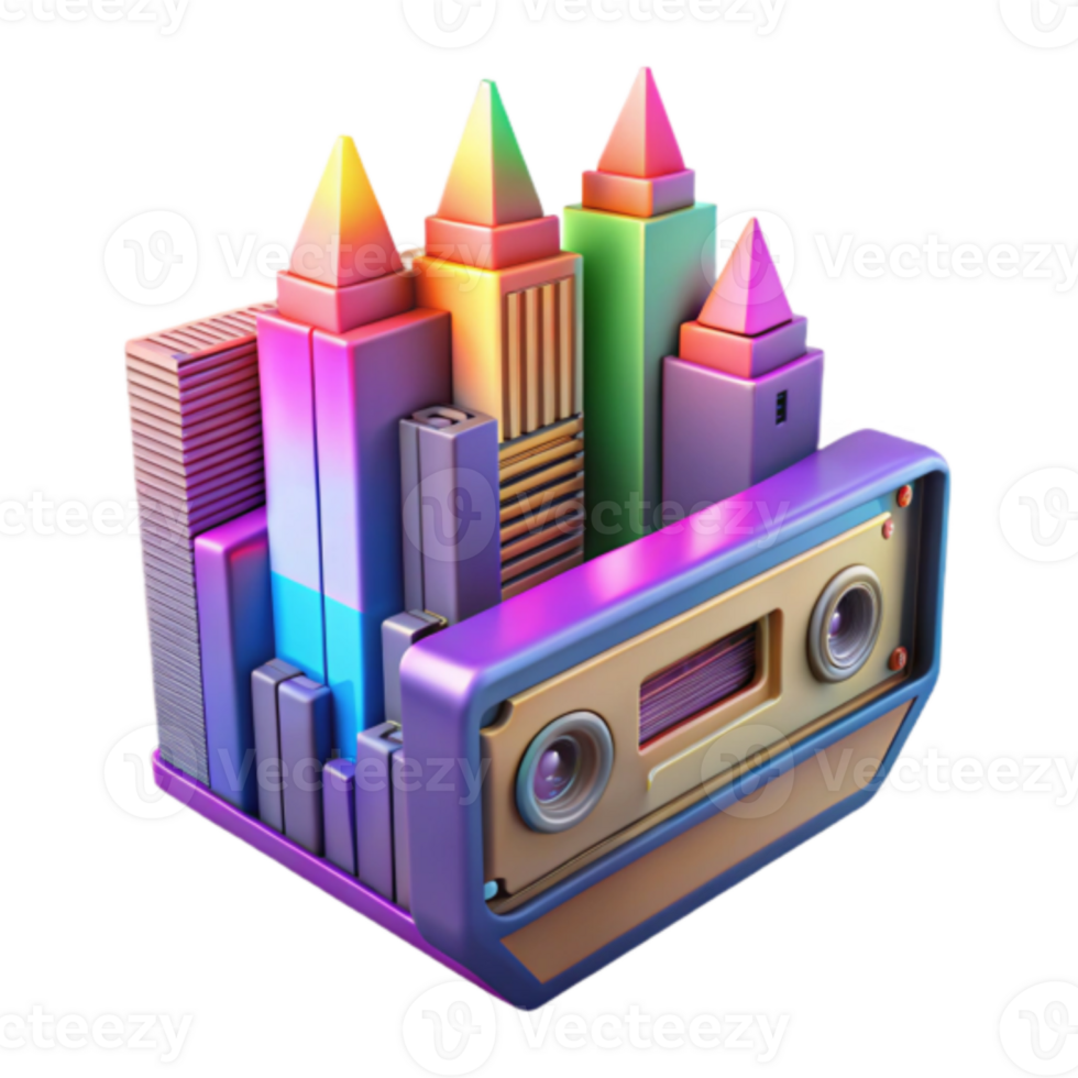 Vibrant Cityscape Illustration Retro Cassette Recorder Design png