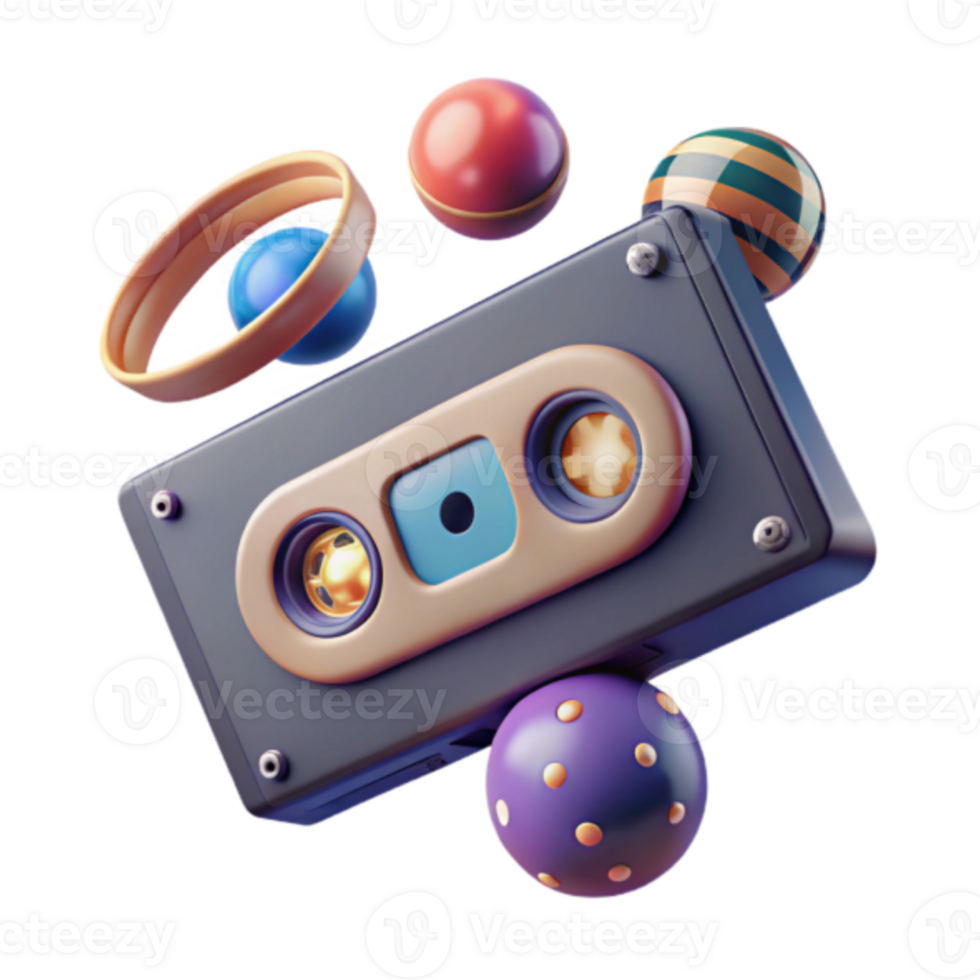 Retro Cassette Tape Render with Colorful Abstract Spheres Illustration png