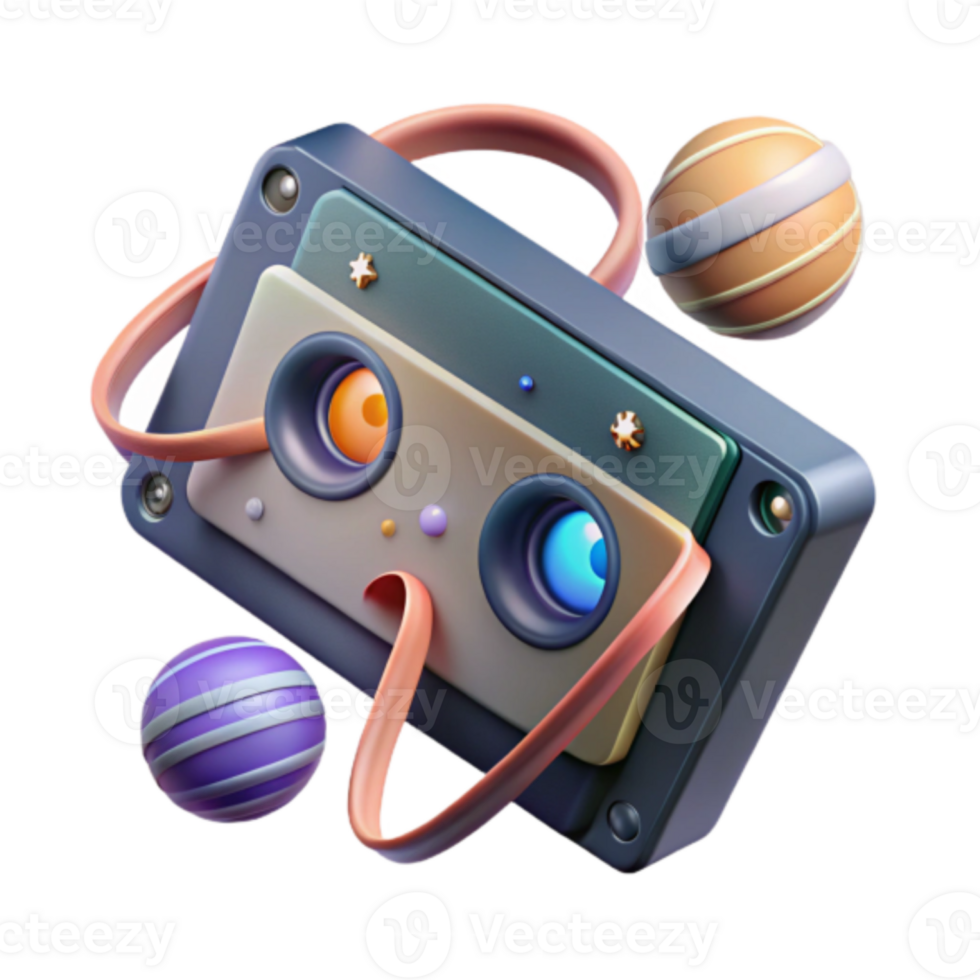 Render of a Playful Cassette Tape with Abstract Planets png