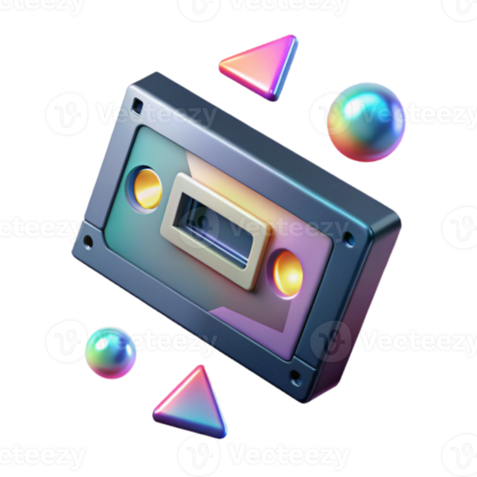 Retro Cassette Tape Render Illustration with Iridescent Spheres and Triangles png