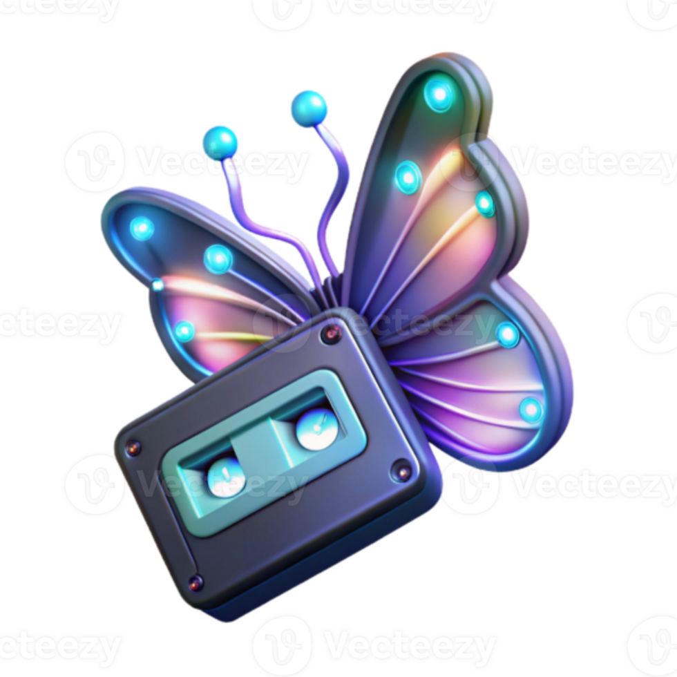 Glowing Cassette Tape Butterfly Render png