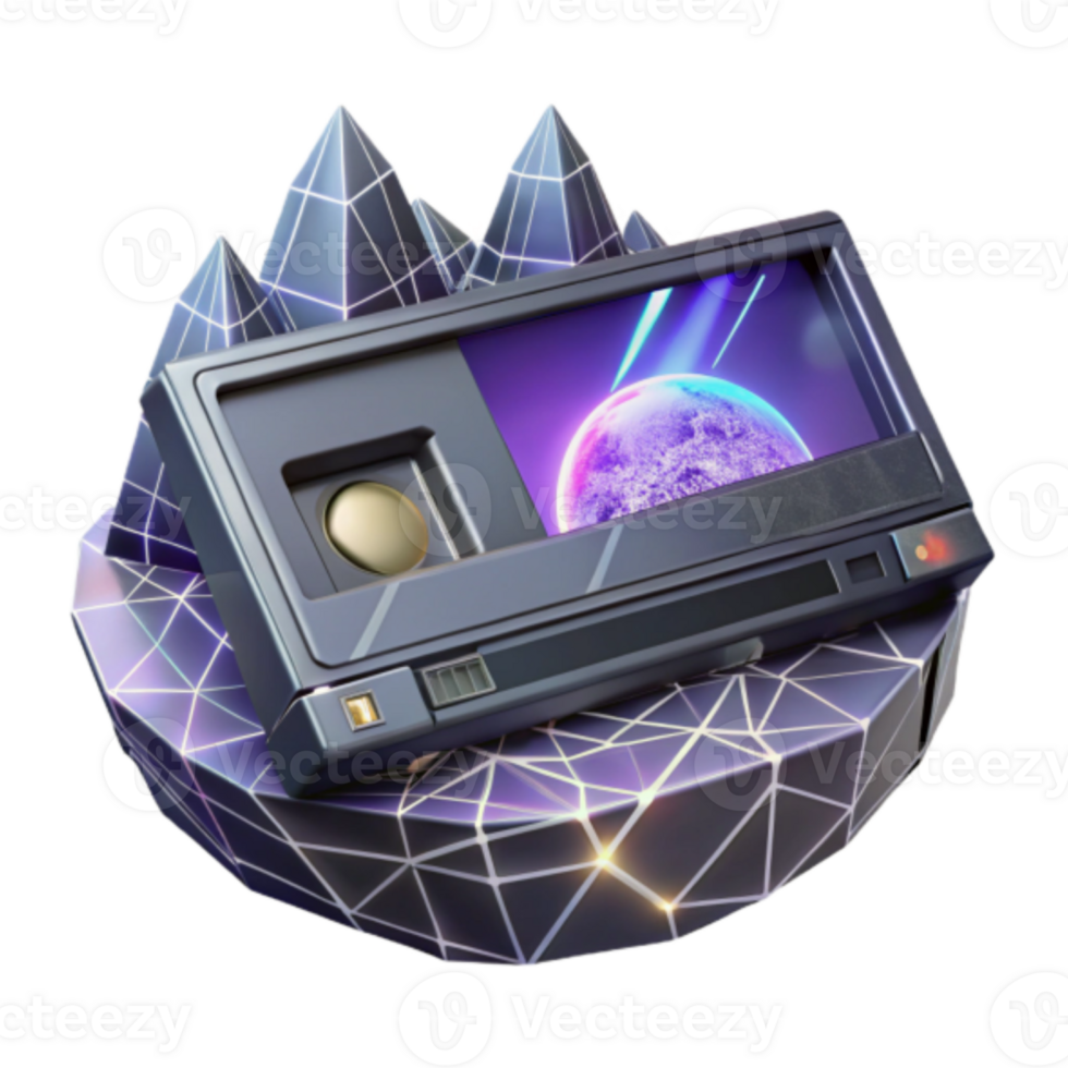 Retro VHS Cassette Render on Geometric Background png