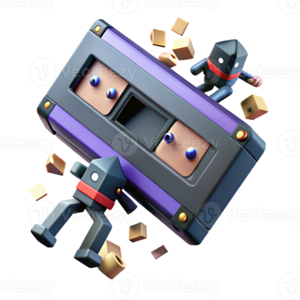 Render Retro Cassette Tape with Robotic Figures Illustration png