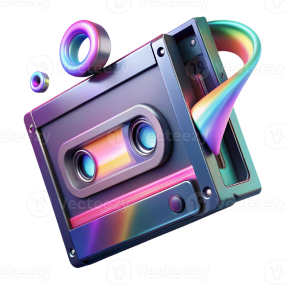 Retro Cassette Tape Render, Iridescent Rainbow Colors, Nostalgic Music Graphic png