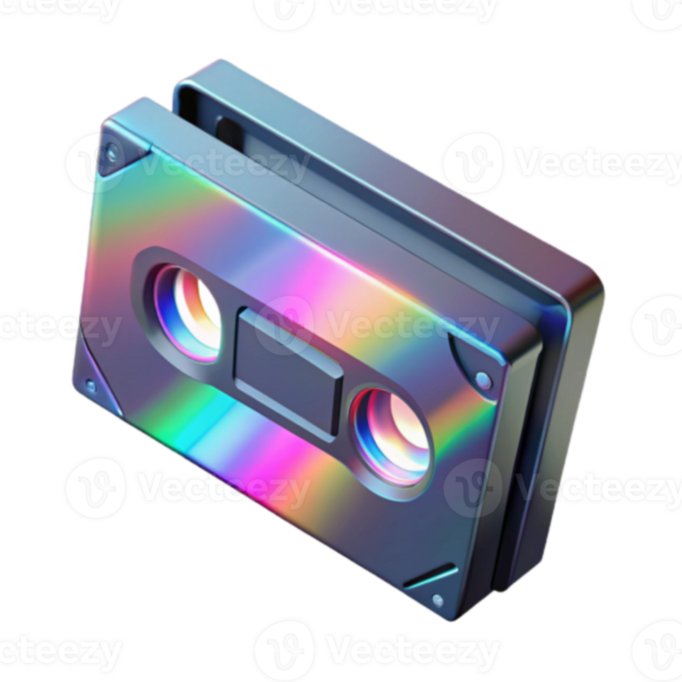 Holographic Cassette Tape Render, Retro Audio Technology, Rainbow Colors, Vintage Music, 80s Nostalgia, Digital Art, Abstract Cassette, Modern Design, Chromatic Aberration, Iridescent Texture png