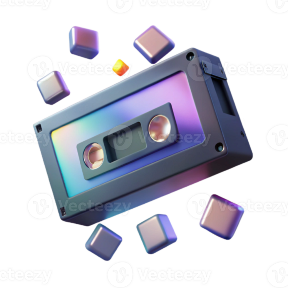 Render of Retro Cassette Tape with Floating Cubes Abstract Background png