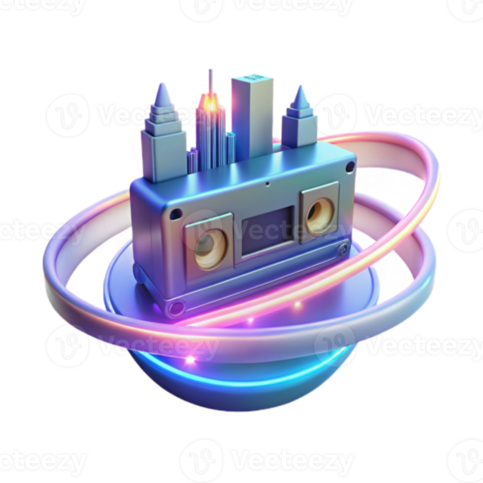 Neon Cityscape on VHS Cassette Render png