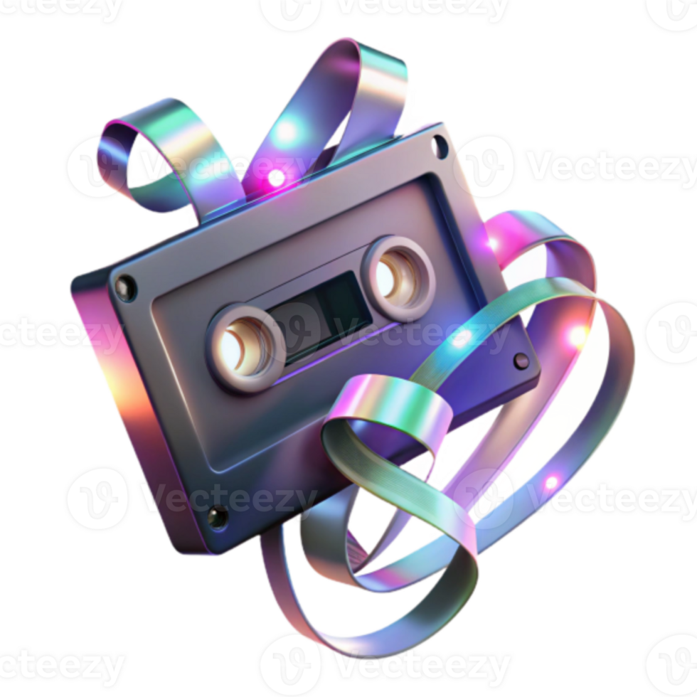 Retro Cassette Tape Illustration with Iridescent Ribbon png