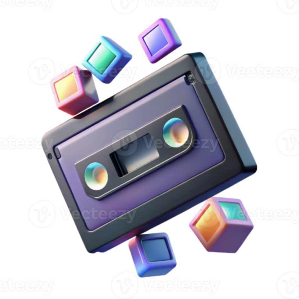 Retro Cassette Tape Render with Colorful Cubes Illustration png