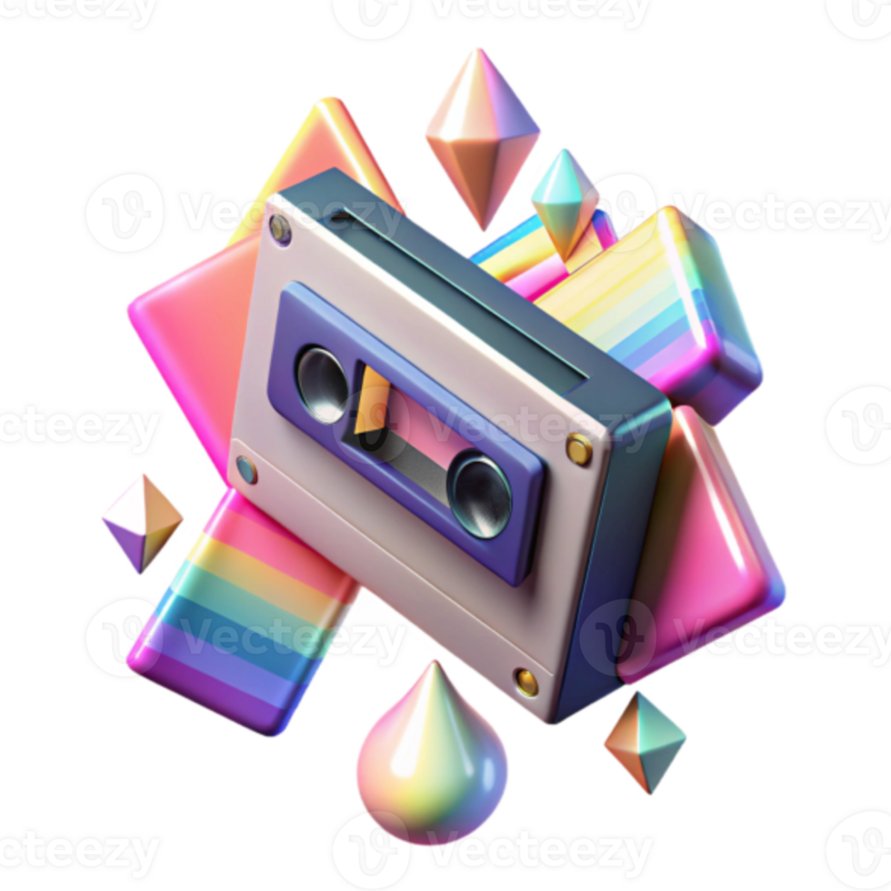 Retro Cassette Tape Illustration with Rainbow Geometric Shapes png