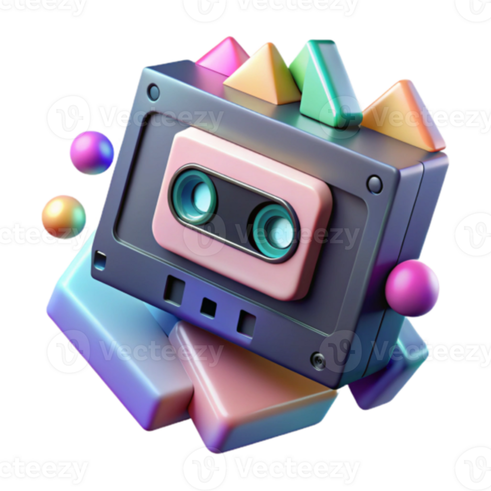 Retro Cassette Tape Illustration Colorful Cubes and Geometric Shapes png