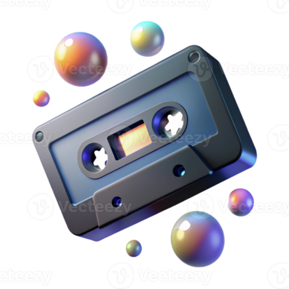 Retro Cassette Tape Render with Colorful Bubbles png